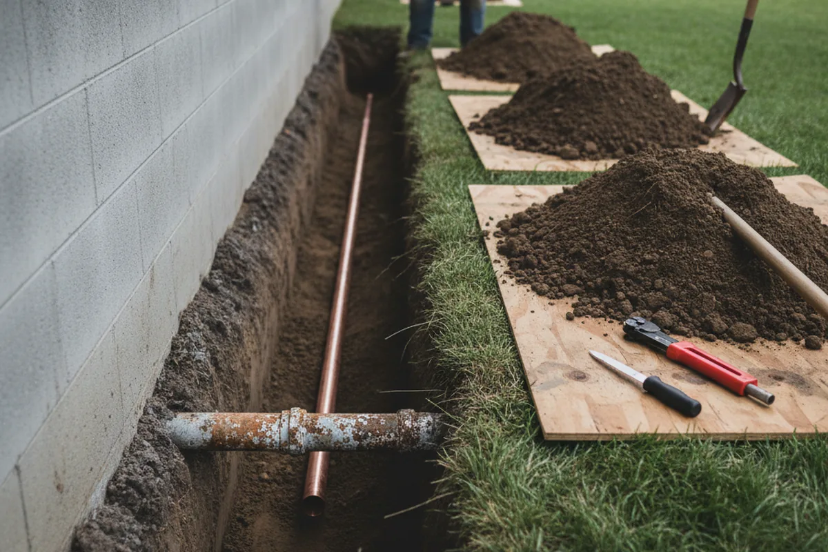 Excavated water line trench during Sewer Line Repair in Fremont
